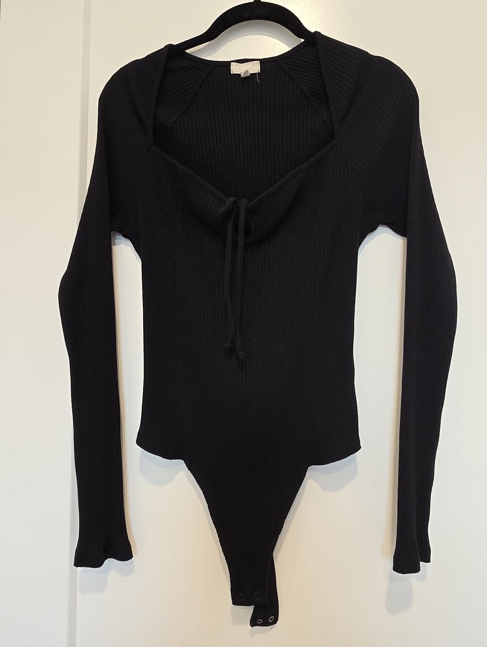 Aerie Ribbed Black Long-Sleeve Tie-Neck Bodysuit Sweetheart Neckline